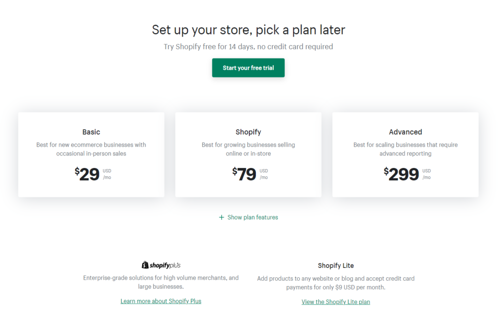 Shopify ecommerce platform pricing